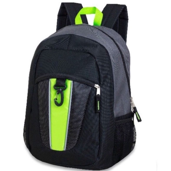 NWT! 17” Carabinder Clip Backpack w/Padded Straps NEON Center Stripe & Black - Picture 3 of 5